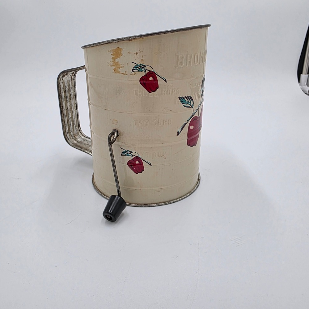 Vintage Bromwells Flour Sifter Cream Metal Cherry Graphic 3 Cup Hand Crank